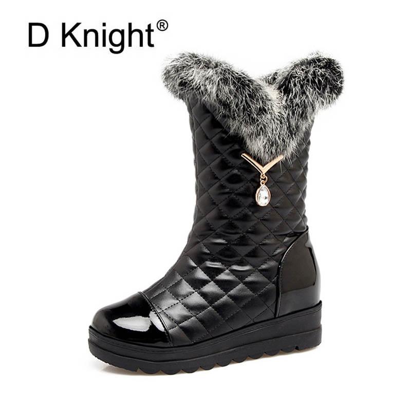 

New Fashion Ladies Plaid Platform Wedges Winter Boots Luxurious Fur Snow Boots For Women Female Casual Mid-Calf, White z320