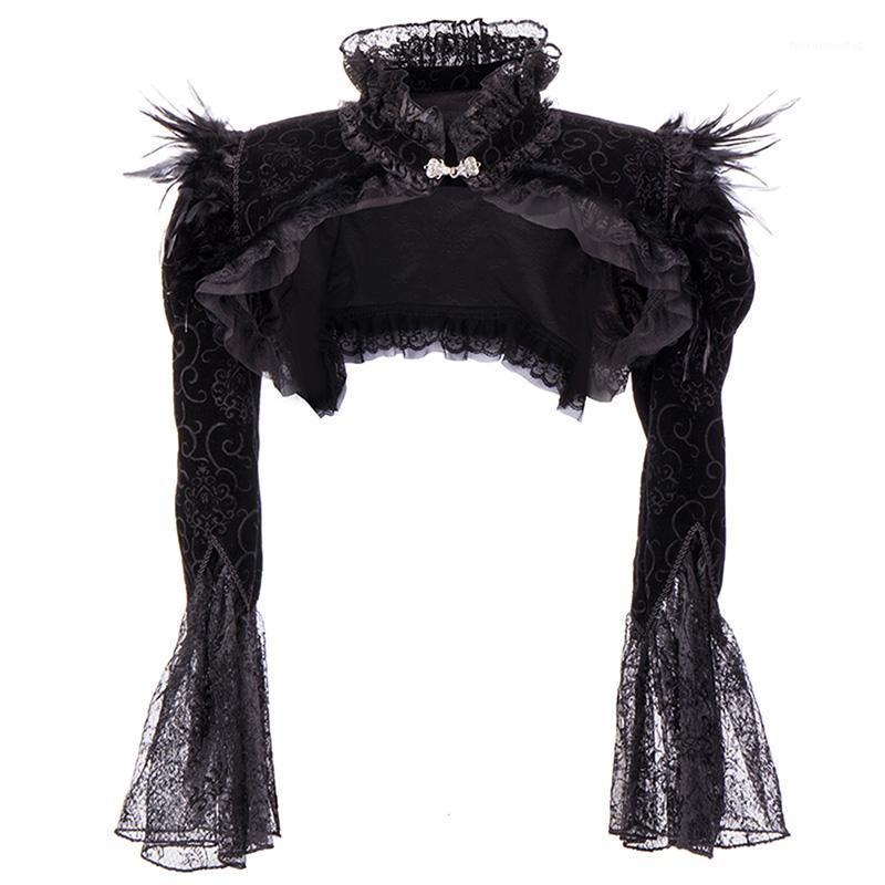 

Women' Jackets Victorian Black Flannel Feathers Lace Jacket Long Sleeve Ruffles Stand Collar Gothic Bolero Clothing Accessories Steampunk C, Black punk coat