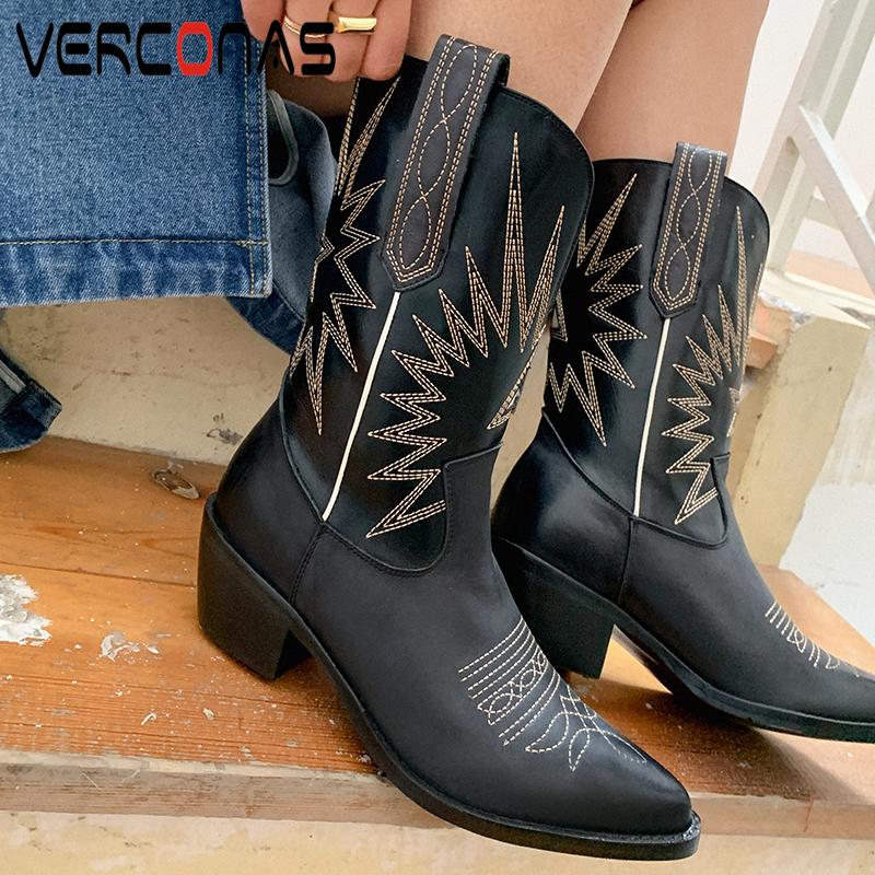 

VERCONAS Women Mid-Calf Boots Genuine Leather New Fashion Autumn Winter Shoes Embroider Western Boots Casual Short Woman, Black