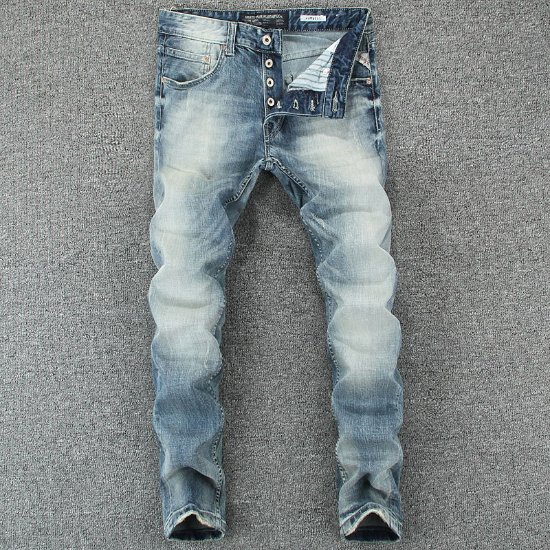 

2021 New Italian Designer Men's High Quality Slim Fit Buttons Pants Blue Color Classical Stretch Denim Brand Men 3anp, Light blue