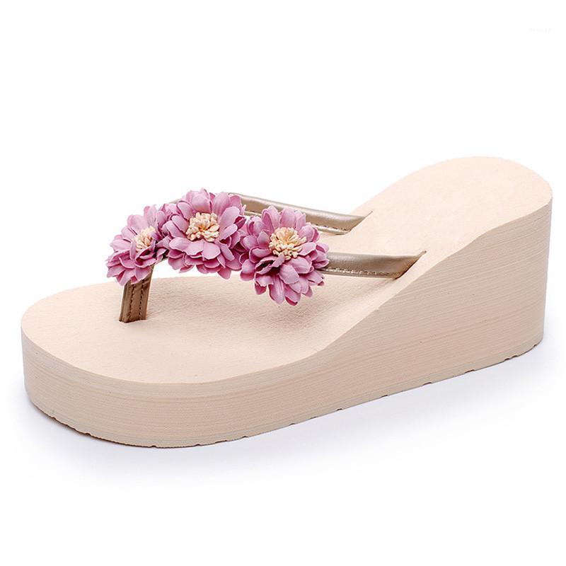 

New Flowers Women Flip Flops High Heel Wedges Platform Sandals Slippers Women Summer Beach Shoes Size 34-40 XKD80081, Black