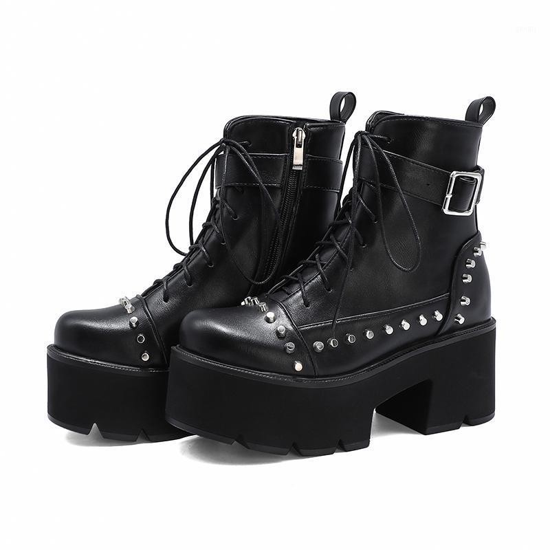 

Lucyever Fashion Platform Boots Women PU Leather Chunky Heels Winter Boots Punk Style Rivet Motorcycle Botas Female Gothic Shoes1, Black