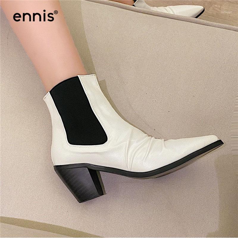 

ENNIS Pointed Toe Boots Western Women Genuine Leather Ankle Boots Chunky High Heels Winter Black Beige Pleated Shoes A00521