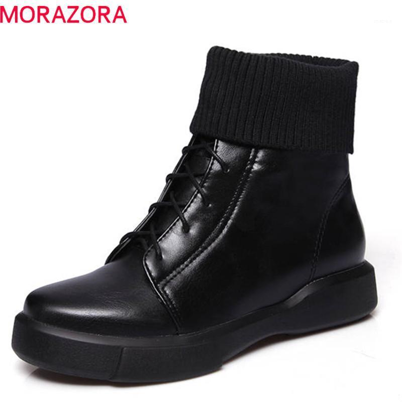 

MORAZORA 2020 new arrival pu round toe autumn winter ladies boots lace up fashion ankle boots for women black flat shoes woman1