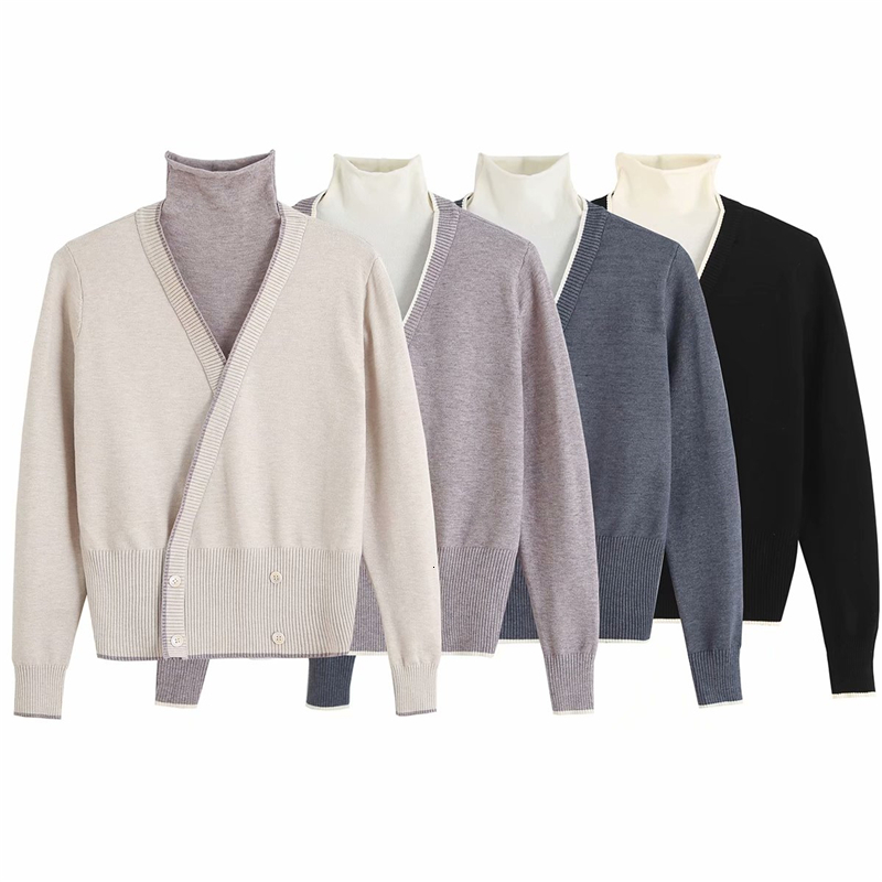 

2021 New Streetwear Women False Two Pieces Sweaters Fashion Ladies Turtleneck Knitted Tops Elegant Female Chic Patchwork Pullovers 1d06, Beige