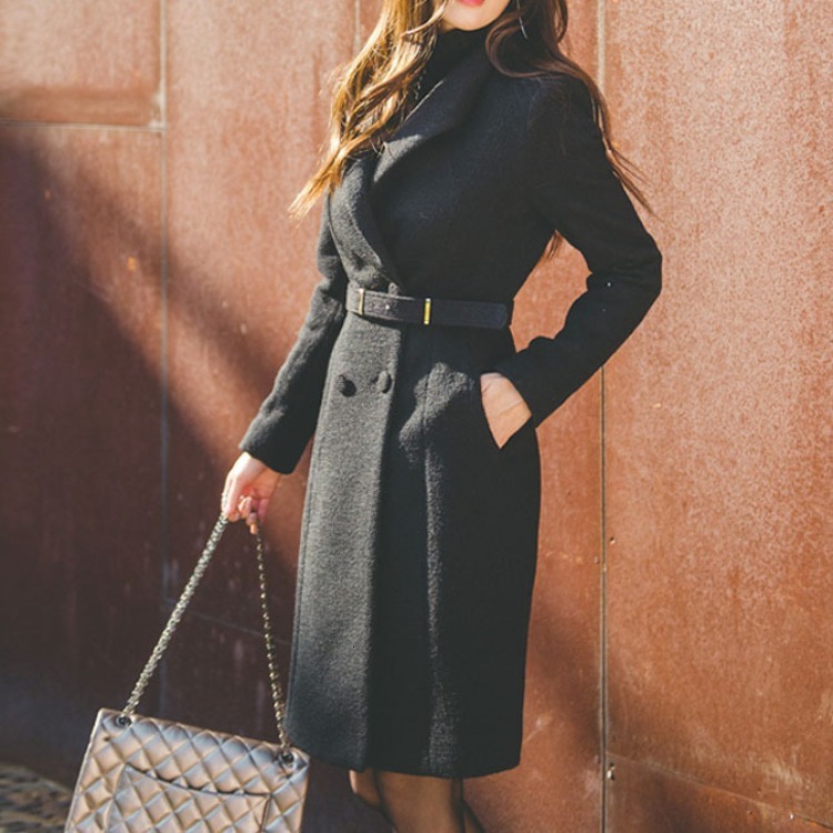 

2021 Autumn/winter New Black Jacket Thin Suit Mid-length Lady Wool Coat WGV7, Black (yao song)