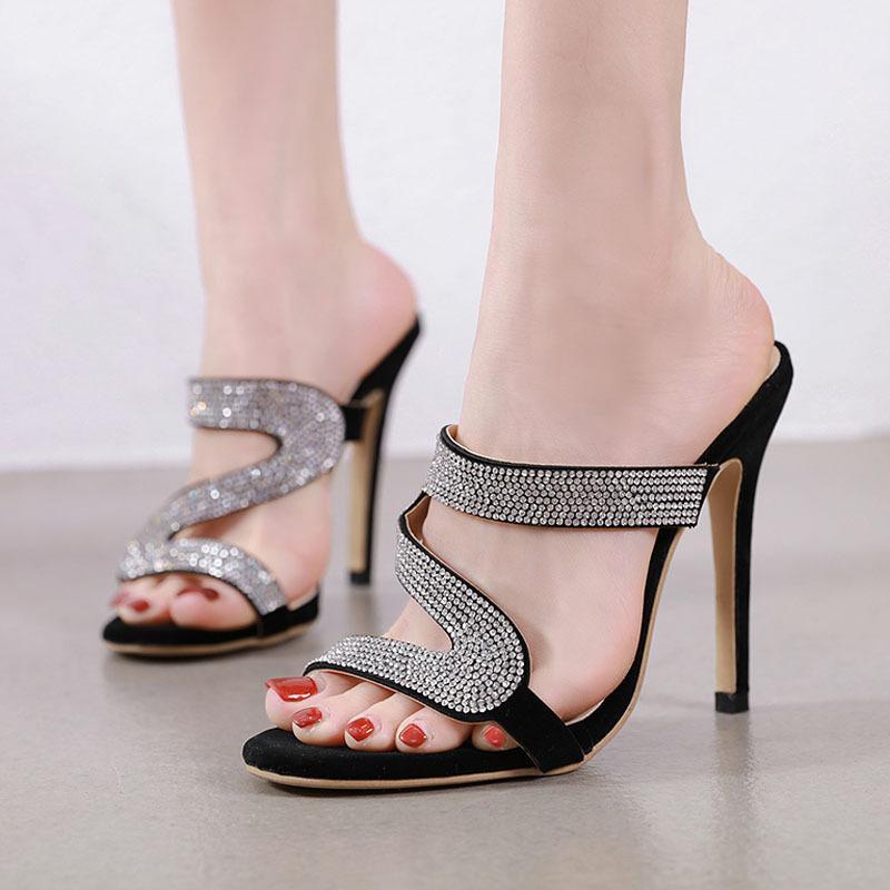 

DEAT 2020 New Spring Summer Fashion Casual Black Outside Thin High Heel Rhinestone Slippers Shoes Women SE8061