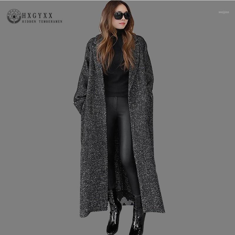 

2018 X-long Antumn Winter Herringbone Casual Open Stitch Pockets Loose Wool Jacket Plus Size Cashmere Coat Woman Overcoat Okd5851, Black