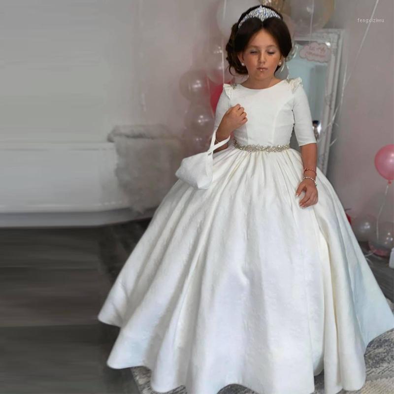 

Vintage White Princess Flower Girls Dresses O Neck Half Sleeve Crystal Belt Open Back Infant Communion Gown1, Khaki