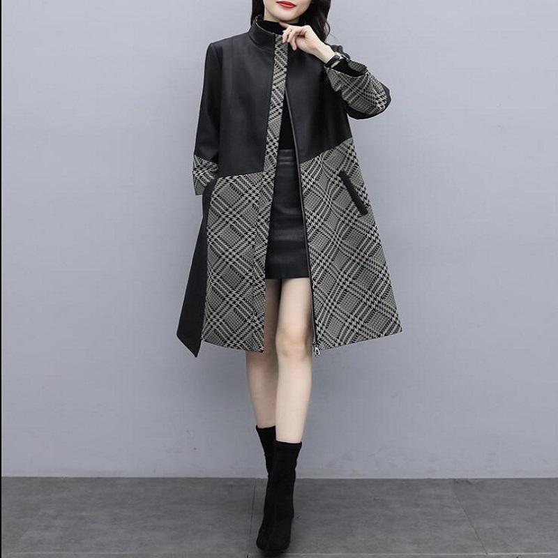 

2021 New Women' Coats Autumn And Winter Loose Large Medium Length A-line Leather Female Black Splicing Woolen Trench