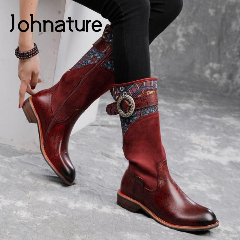 

Johnature Winter Women Boots Genuine Leather Zip Women Shoes 2020 New Patchwork Round Toe Metal Decoration Casual Platform Boots, Red