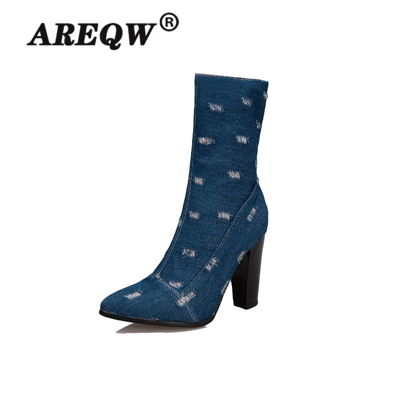 

Autumn Winter Women Snkle Boots Blue Print Broken Denim Round Toe High Heels Fashion Ladies Boot Shoes, Black