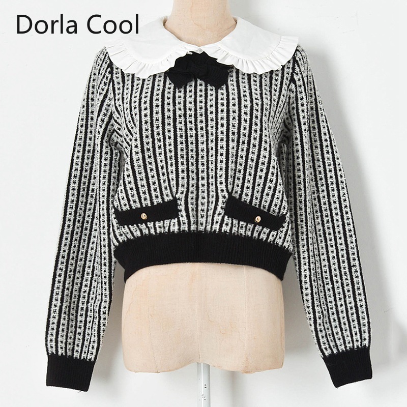 

New 2021 Female Spring Striped Blouses Bow Peter Necklace Crocheted Pullovers Sweet Girl Chic Short Tops High Quality Jumper 04xh, Picture color