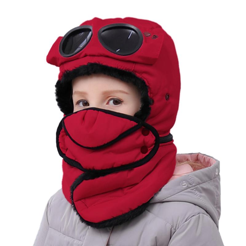 

4 in 1 Kids Winter Warm Trapper Ushanka Hat Windproof Bomber Cap with Face Mask Glasses Neck Gaiter for Boys Girls Children Ski, Black