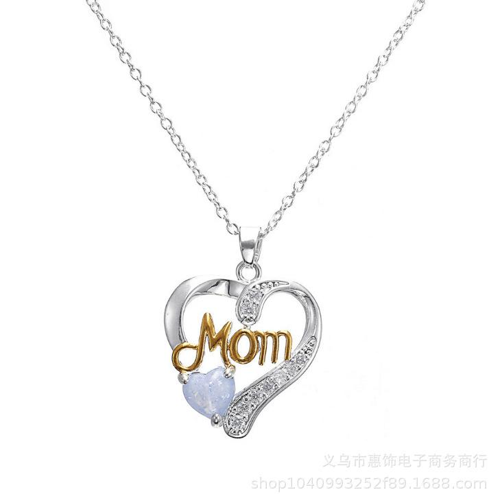 

Love Mom Gift Great Mama Opal Heart Pendant Necklace Silver Color Jewelry Mother Day Gift For Mother Mum Letters Drop Shipping