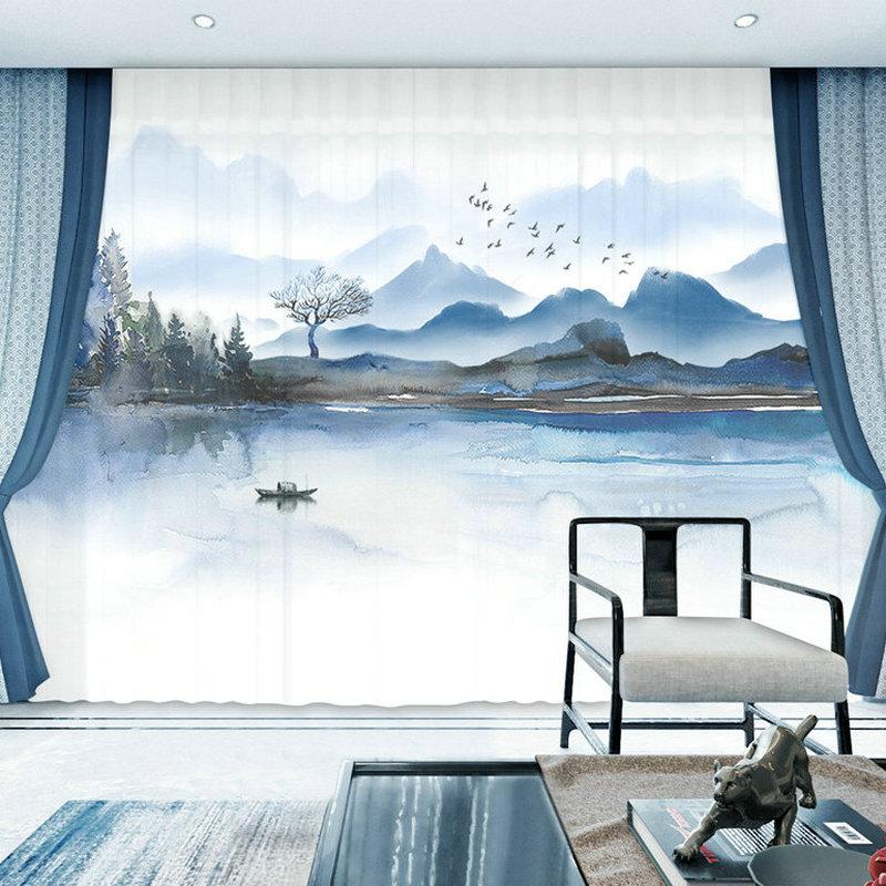 

Floral Landscape Mountains Chinese Style 3D Customized Curtains Drape Panel Sheer Tulle Home Decoration Living Room Bedroom, Tulle 6