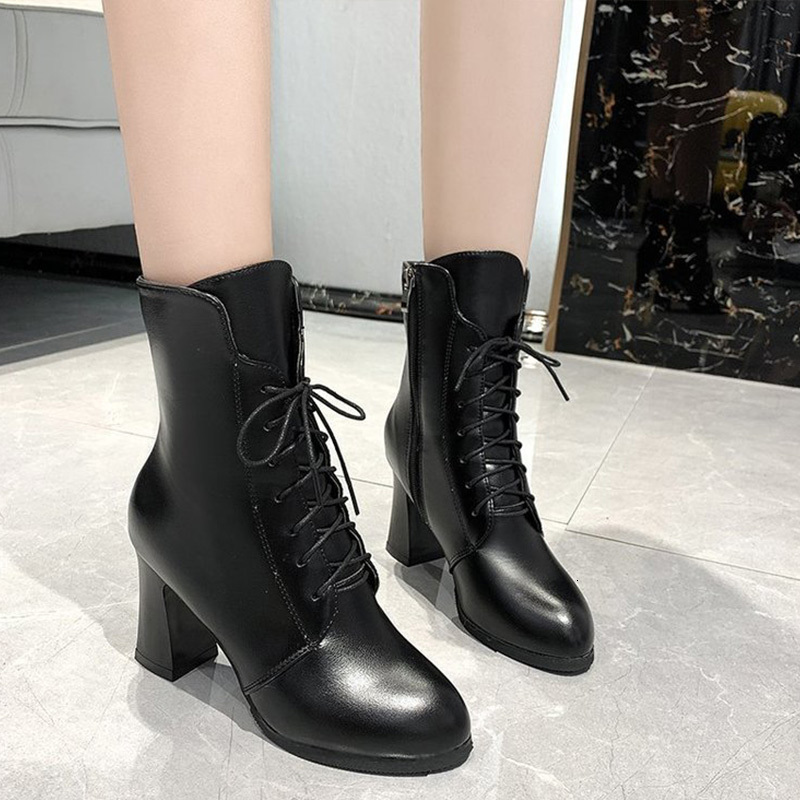 

2021 New Winter Fashion Ankle Boots Short Plush Mid Heels Ladies Lace Up Botas Mujer Pu Shoes Waterproof Pointed Toe Woman Footwear Qxp1, Black