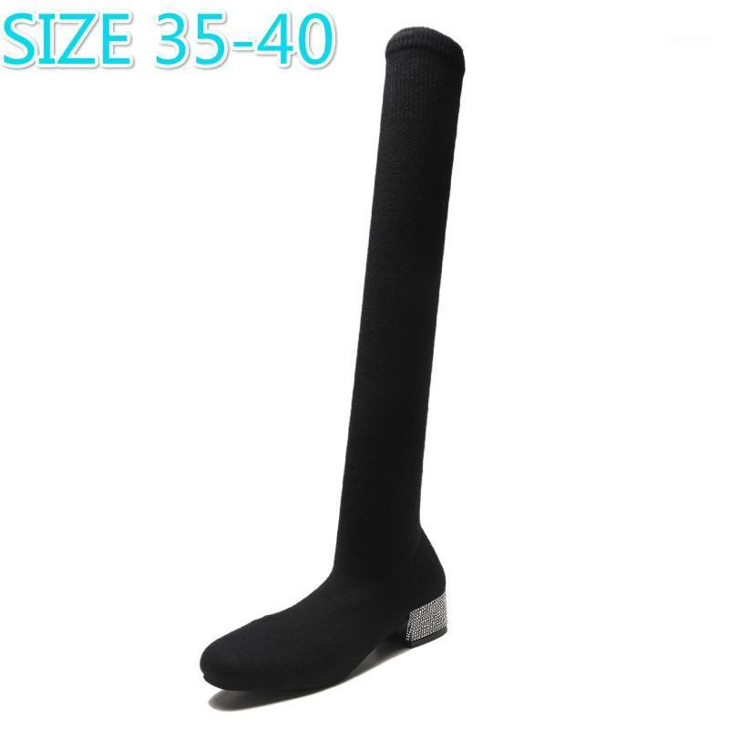 

Slip on Warm Women Socks Boots Round Toe Suede Over The Knee Boots Women Botas Mujer Thick Heels Rubber High 20201, Black