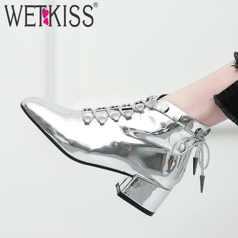 

WETKISS Patent Leather Motorcycle Boots Women Thick Heel Boot Female Metal Cross Tied Shoes Lady Square Toe Shoes Women Winter1, Black suede