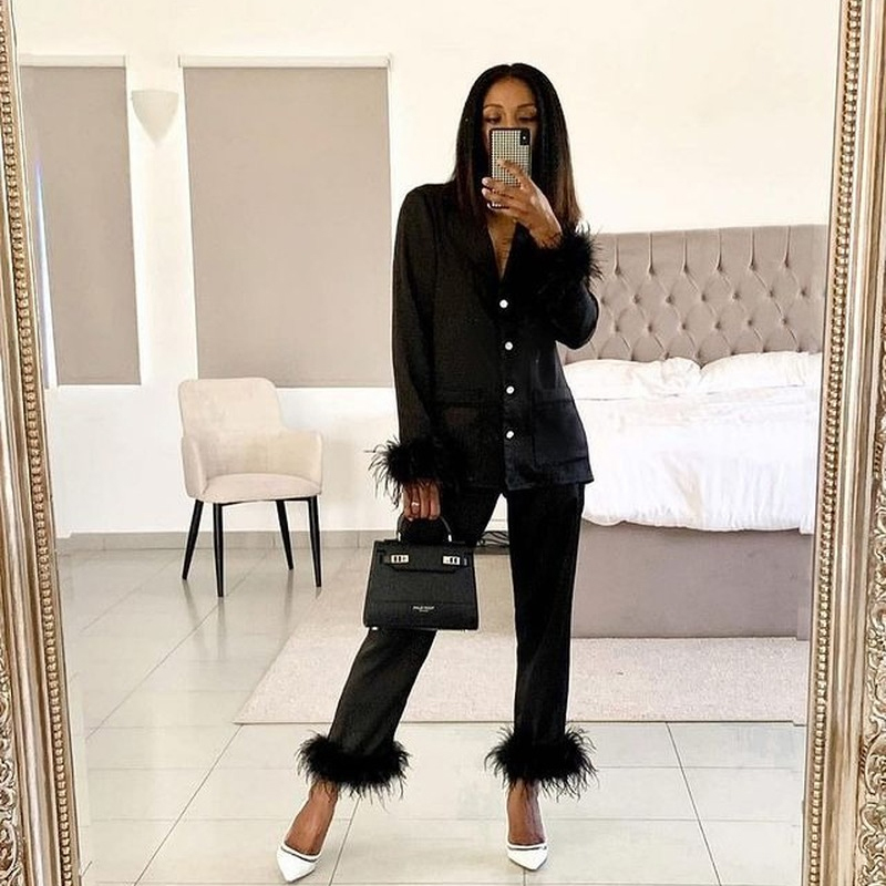 

QWEEK Two Piece Pajamas Women Feather Detail Lounge Set Female Autumn Long Sleeve Pijamas Solid Pyjamas Casual Sleepwear Suit 220308, Blue