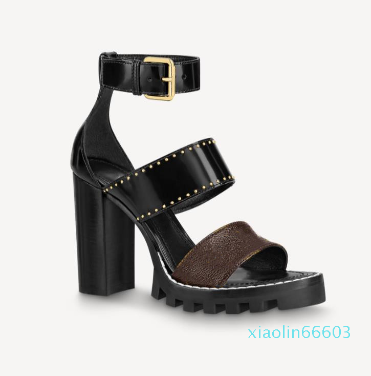 

Newest Women Leather Sandals Star Trail Designer Lady Ankle Strap Studs Buckle Letter Printed Chunky Heel Treaded Rubber Outsole Sandal, Customize