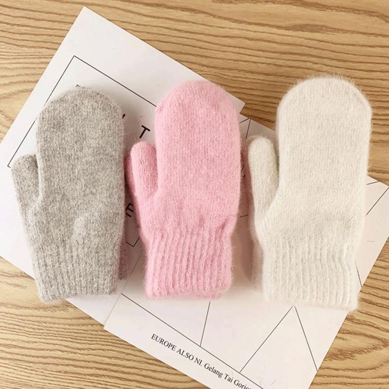 

Five Fingers Gloves Women Winter Double Layer Windproof Full Finger Solid Color Cold Weather Thicken Plush Lining Fluffy Knitted Mittens Han