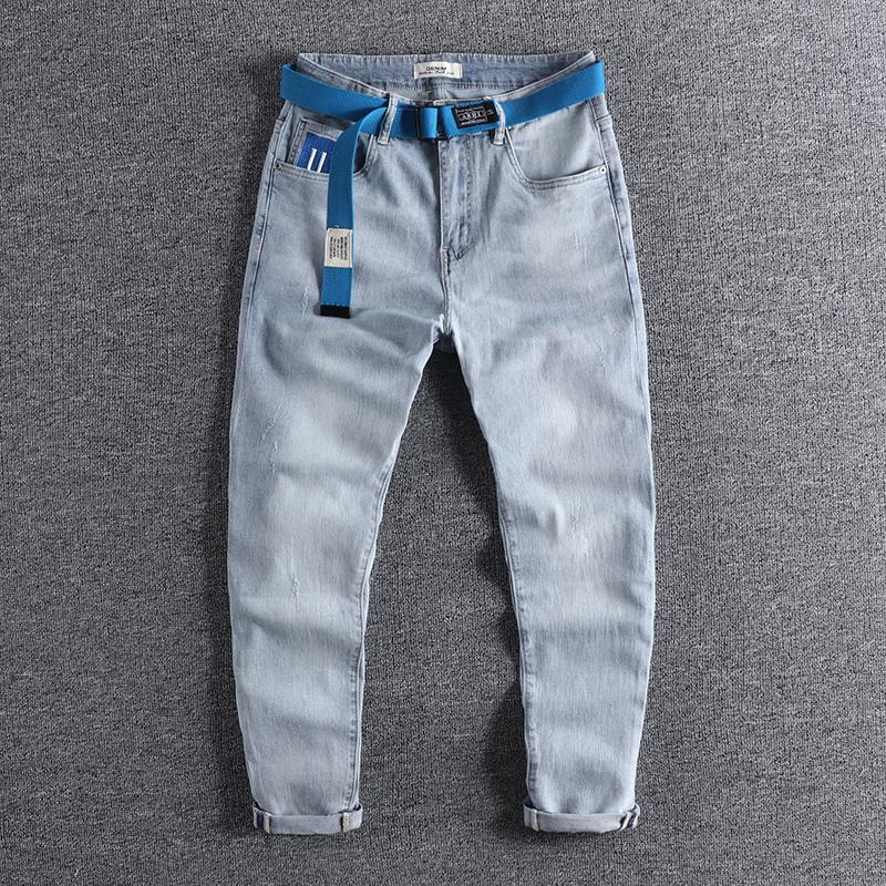 

2021 With belt polished white, worn-out light blue jeans, men's American retro embroidery trend slim Leggings trouser 0829