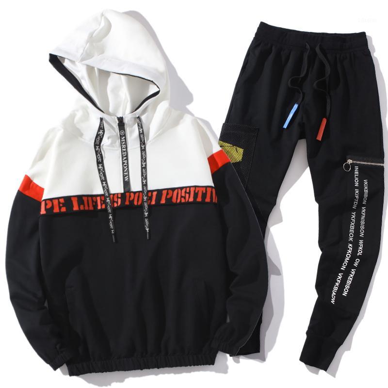 

2Pcs Tracksuit Men Sportswear Sets Hoodie+Pants Patchwork Sporting Suit Casual Sweatshirts Sport suit1, Black