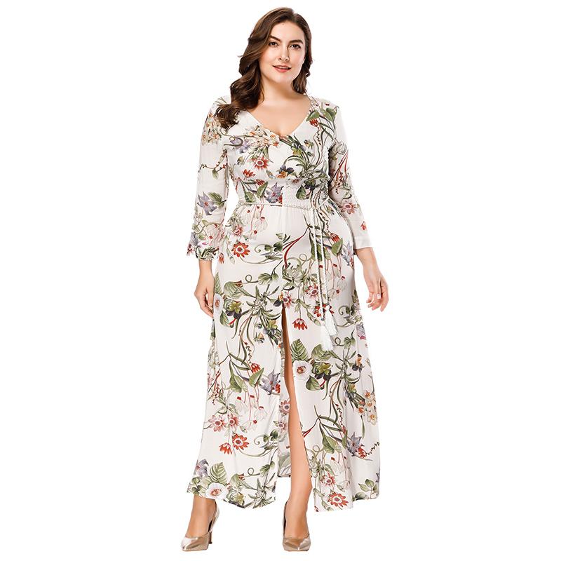 

2020 Bohemian Women Summer Dress V Neck 3/4 Sleeve Plus Size 6XL Split Printed Floral Dress Vestidos largos de verano casual, Beige