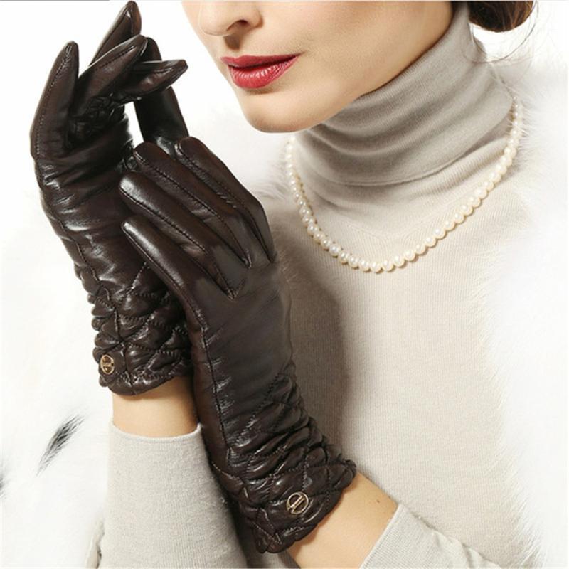 

Wrist Elastic 2020 Women Gloves Top Fashion Goatskin Genuine Leather Solid Sheepskin Glove Thermal Winter Driving EL005NC1