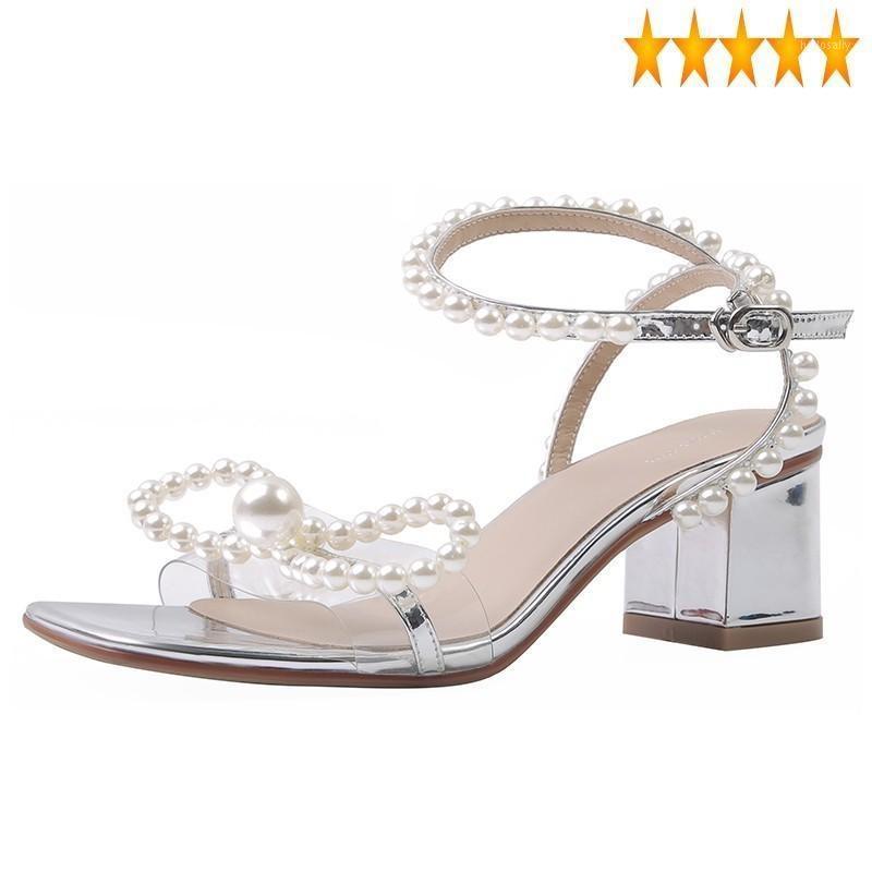 

Bowknot Chunky Heels Shoes Sweet Pearls String Bead 2021 Summer Sandal Women Cross Buckle Strap Elegant Luxury High Heel Sandals1, Silver