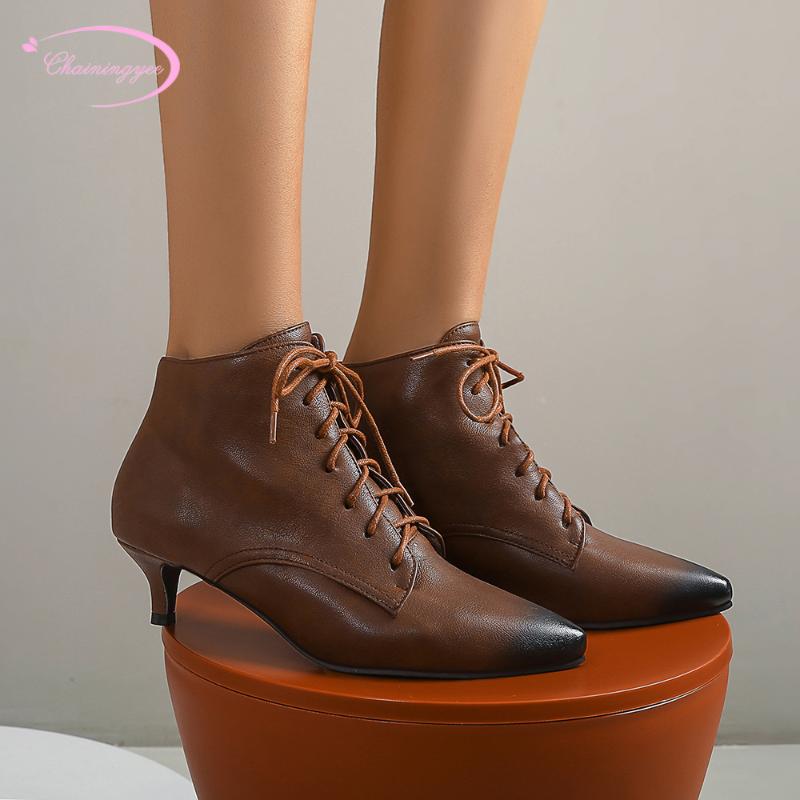 

Casual style sexy pointed toe autumn ankle boots fashion lace-up matching color medium heel stiletto riding boots women's shoes, Light brown