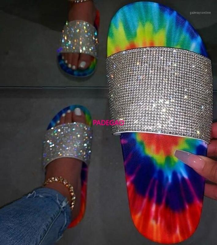 

Spring/summer New 2020women Flat Bottom Rhinestone Rainbow Color Outdoor Leisure Slippers Beach Sandals Home Durable Non-slip1, Red multi