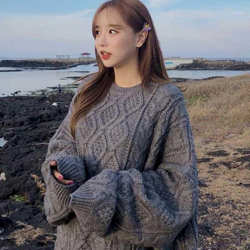 

Autumn and winter new loose round neck mid-length long-sleeved sweater thickened outer wear loose sweater women' lazy fas1, Gray