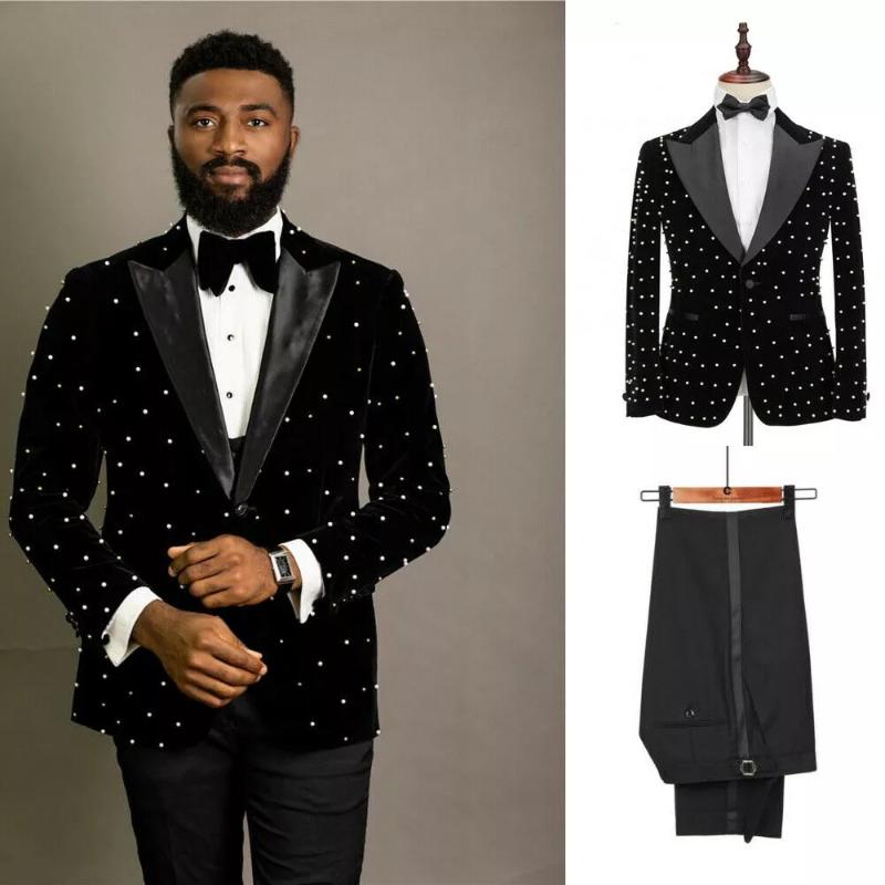 

2021 New Pearl Beading Men Suits Costume Homme Groom Wear Tuxedos Wedding Terno Masculino Slim Fit 2 Pieces Blazer(Jacket+Pants, Jacket only