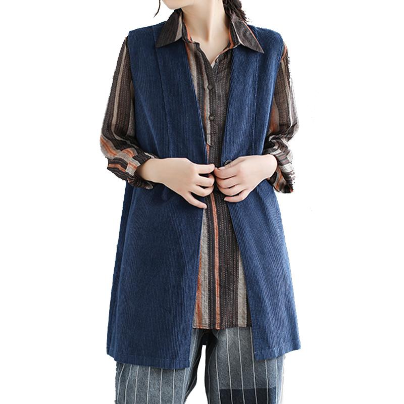 

Women Corduroy Vest Outwear 100% Cotton Sleeveless Jacket Long V Neck Solid Retro Vintage for Autumn Big Loose Casual A12100852, Royal blue
