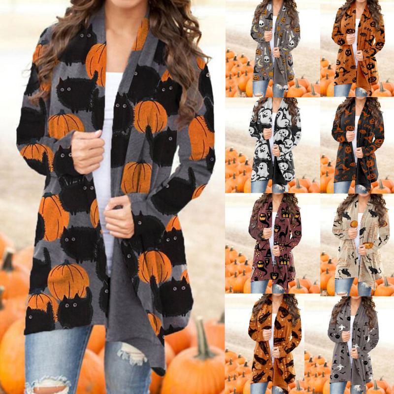 

2020 Halloween Women' Clothing fashion Popular Animal Cat Pumpkin Printed Coats Woman Jacket Autumn Winter Jackets, Or