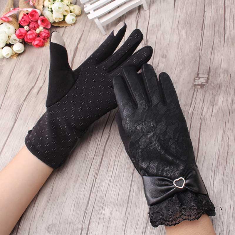 

Women Delicate Design Winter Accessories Glove Lace Rose Flower PU Pattern Leather Covered Finger Gloves Bow Knot Female Mittens