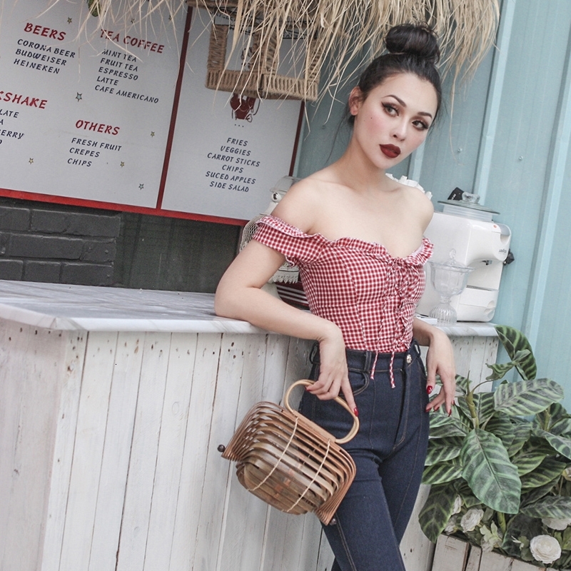 

2021 New French Summer of Vintage Off the Short Blusa Type Trecho Band Shoulder Non-woven Shirt Women CS1L, Red