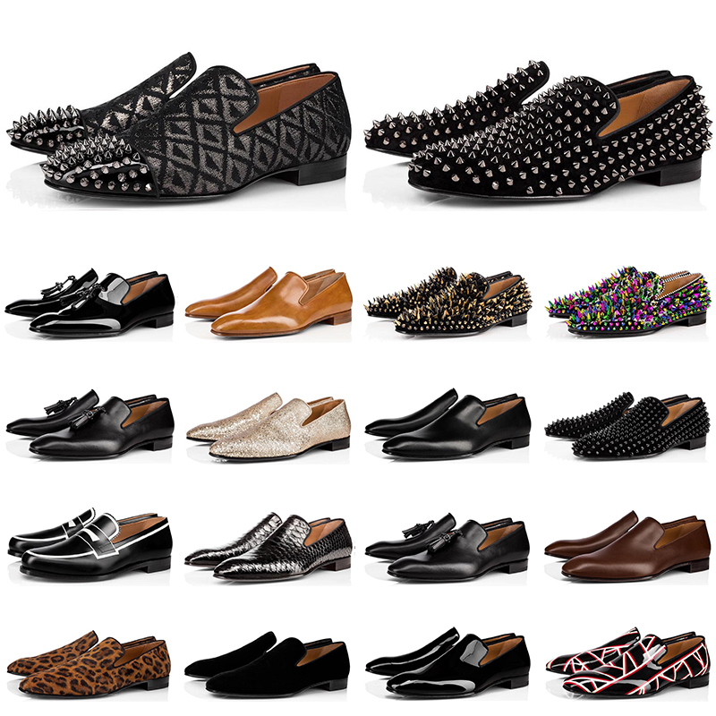 

mens loafers shoes red bottoms triple black Brown Leopard suede Patent Leather Rivets loafer Dress Wedding Business shoe size 39-47, Color#13