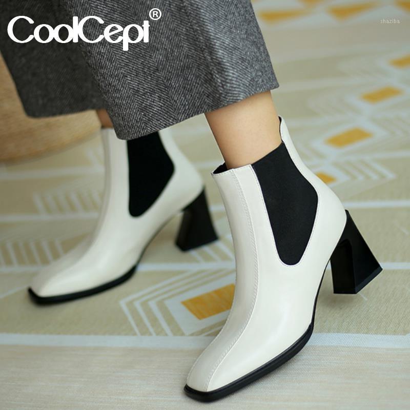 

CoolCept Genuine Leather Women Ankle Boots Fashion High Heel Winter Shoes Woman Retro Warm Office Lady Footwear Size 33-401, White