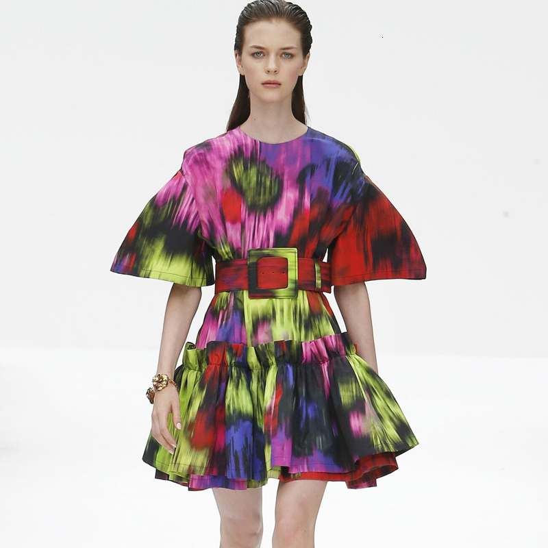 

2021 Autumn Track New Style Print Short Sleeve Belt Fine Fitting Temperament Plied Dress High Quality Fashion Tx40, Multiple