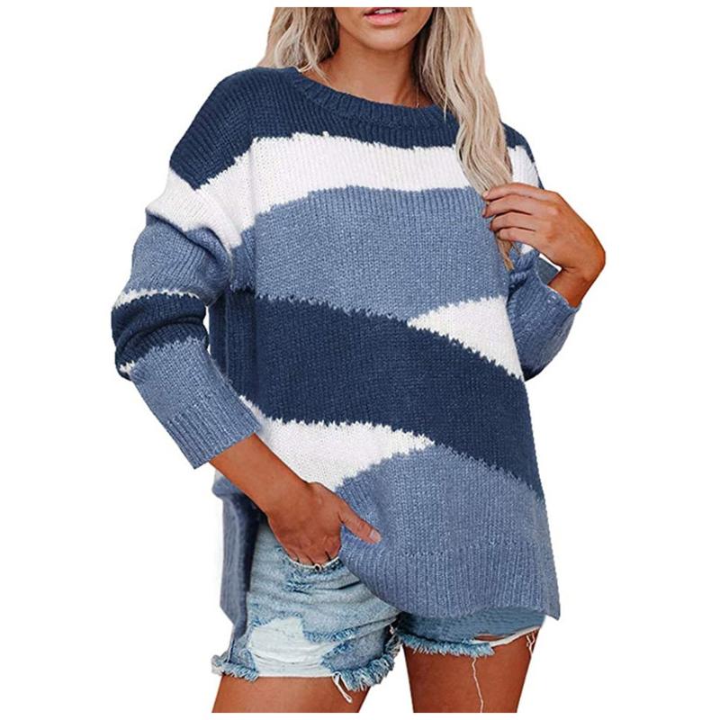 

Sweaters Pull Femme Mujer 2020 Autumn Winter Women Striped Knit Jumpers New Long Sleeve Knitwear Fashion Vintage O Neck Tops, Blue