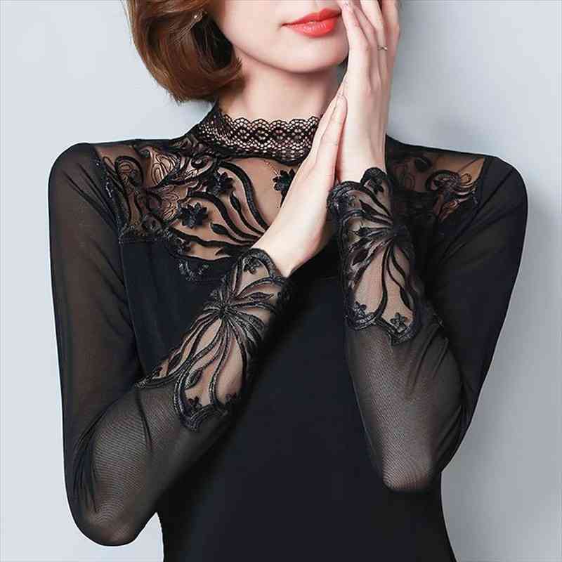 

Spring Hollow Out Sexy Blouse Shirts Arrival Women Long Sleeve Shirt Sexy Slim Hollow Out Female Solid Color Top Df2218, White