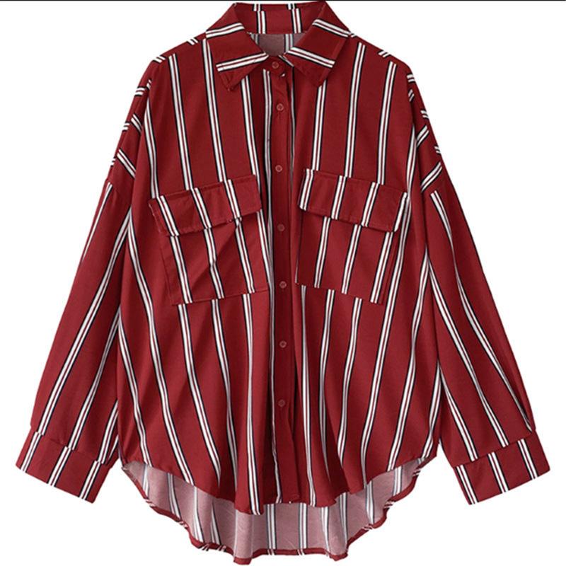 

Blouse Women 2020 Korean Chic Japanese Shirt Loose Long Sleeve Stripes Shirts Plus Size Autumn Irregular Blouse Red White Blusas