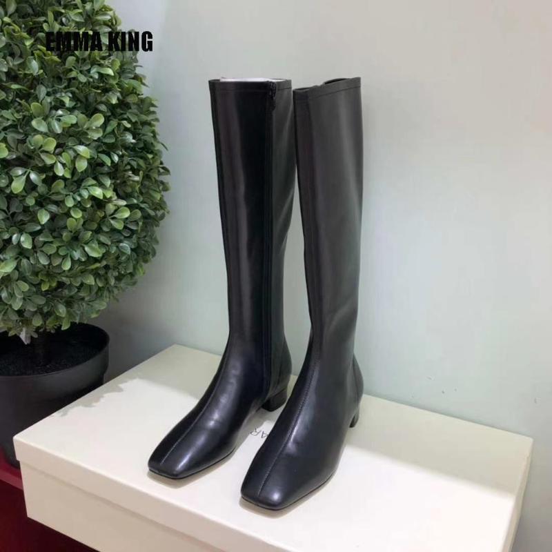 

Runway Design Genuine Leather pure color Boots For Women square toe Flat heel Motorcycle Boots Chunky Heels Shoes women 2020, Blue
