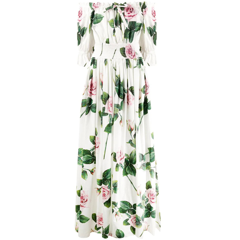 

2021 New Merchall Summer Runway Off Shoulder Holiday Women Elastic Waist Rose Floral-print Vacation Maxi Long Es I60x, White (0.39 kg)