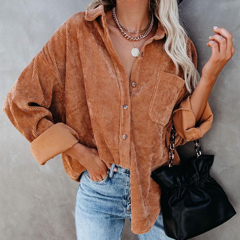 

Ribbed Long Sleeve Corduroy Women's Shirt Loose Solid Single Breasted Pocket Female Shirts 2021 New Spring Fashion Lady Top, Green