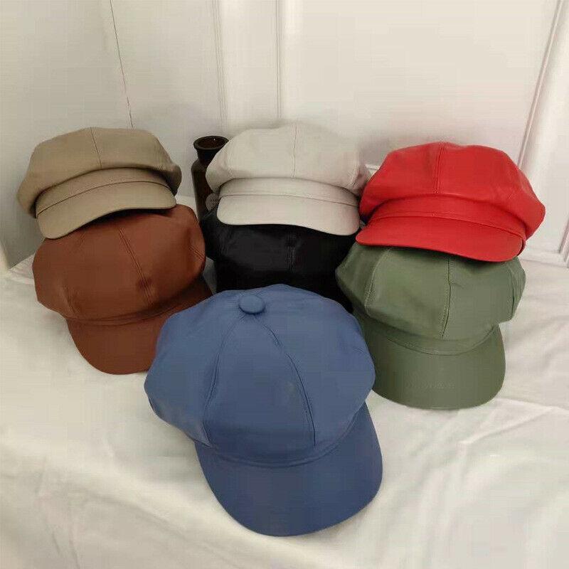 

Berets 2021 Fashion PU Leather Beret Hats For Women Winter Flat Cap Female Autumn Warm Solid 8 Colors, Black