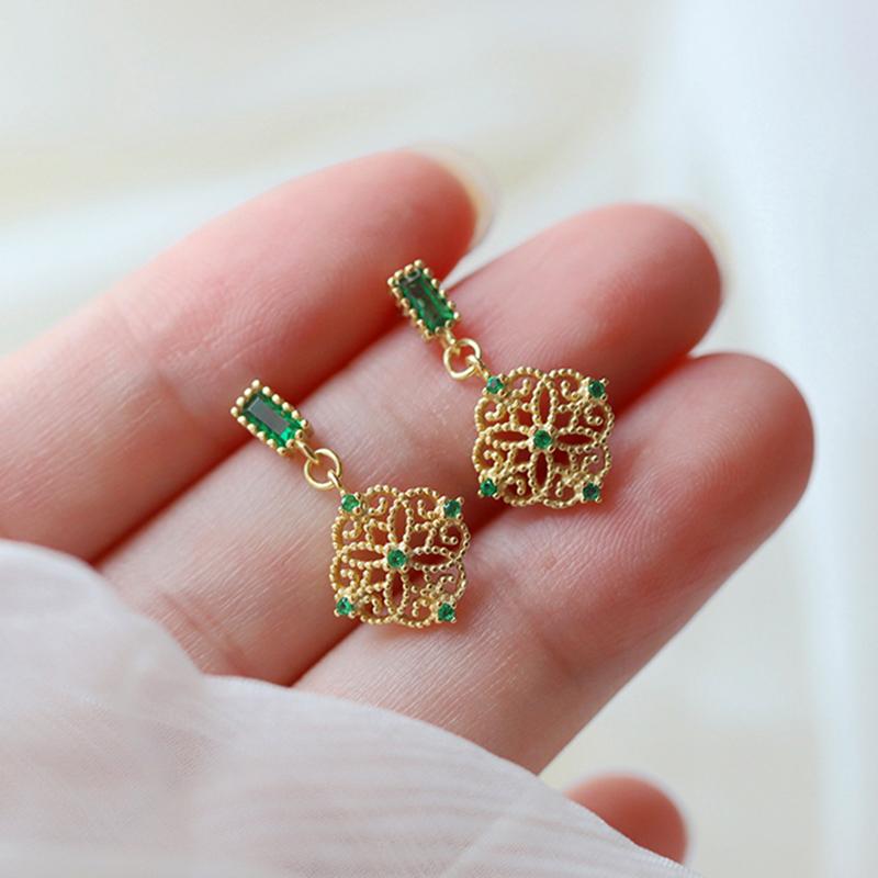 

Peri'sBox 925 Sterling Silver Baroque Flora Gold Earrings Green CZ Stone Geometric Earrings for Women Vintage Drop 2021